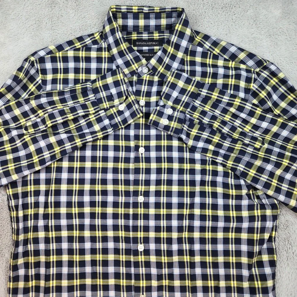 Banana Republic Button Down Shirt Mens M Untucked Slim Fit Plaid Navy Yellow